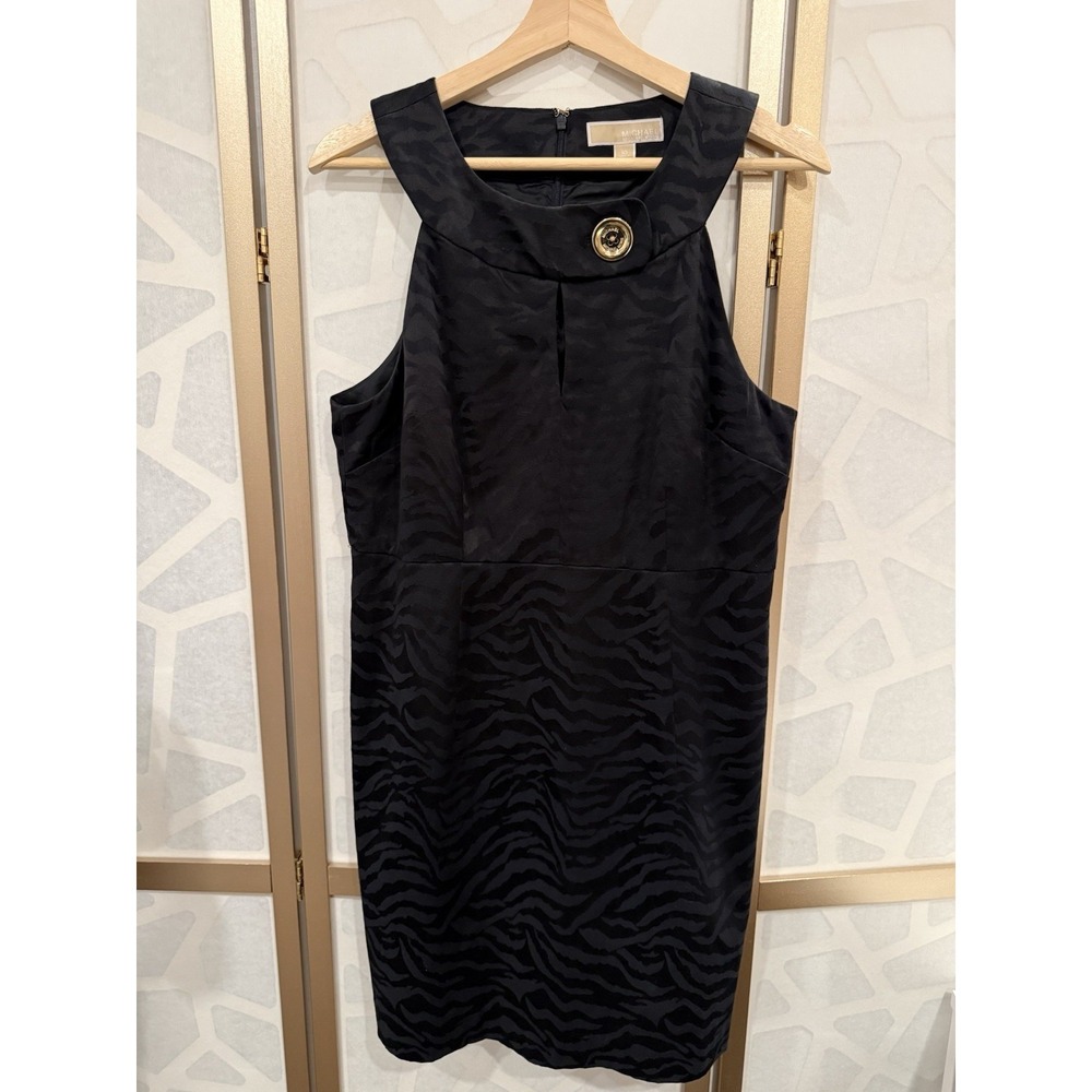 Michael Kors Cocktail Dress size 10 Black Sleeveless Gold Button Animal 🐾 Print
